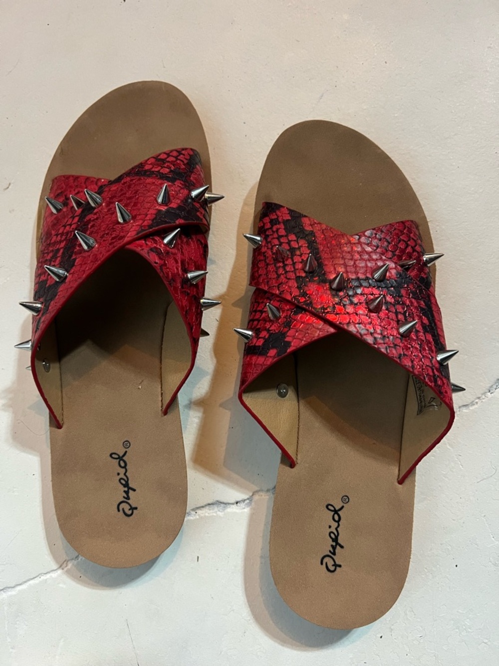 Qupid Red Snake-Print Spike Crossband Sandals